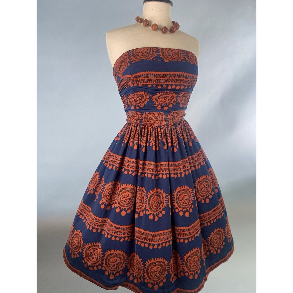 Girls From Savoy Anthropologie Large Strapless Navy Rust Full Skirt Dress